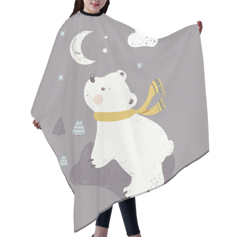 Personality  Polar Bear.cartoon Hand Drawn Vector Illustration. Can Be Used For Baby T-shirt Print, Fashion Print Design, Kids Wear, Baby Shower Celebration Greeting And Invitation Card. Hair Cutting Cape