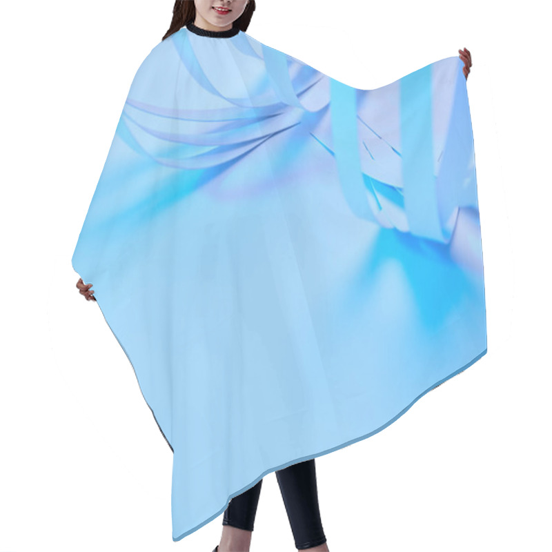 Personality  Close Up View Of Curved Paper Stripes On Neon Blue Background Hair Cutting Cape