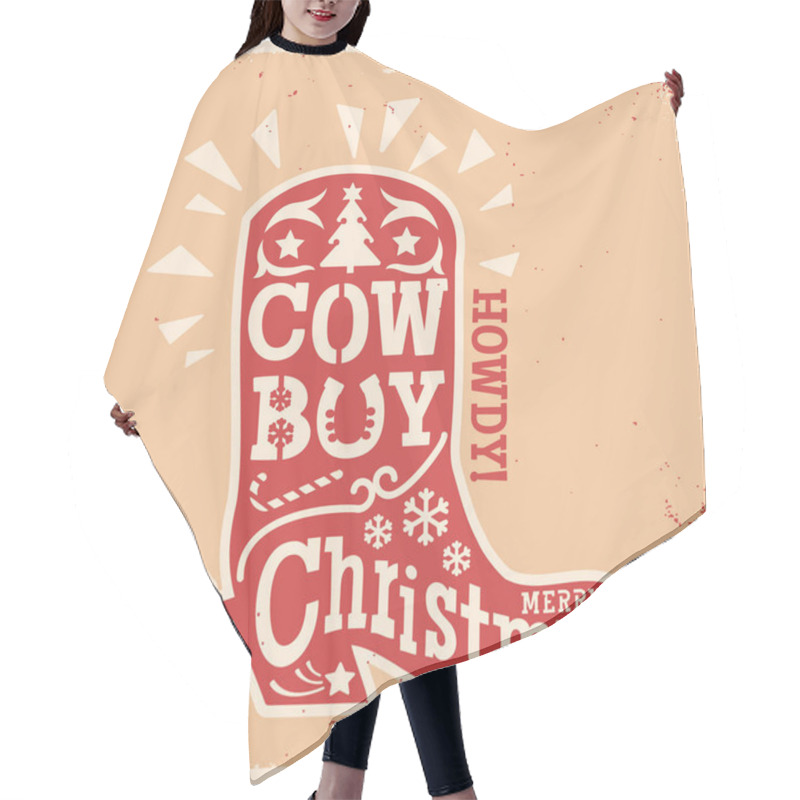 Personality  Cowboy Christmas Silhouette Red Boot Filled With Festive Icons Like Christmas Trees, Snowflakes, Candy Canes, And A Cheerful Howdy Greeting, This Rustic Design Is Perfect For Country-style Holiday Cards, Invitations, And Decorations. Vintage Typograp Hair Cutting Cape