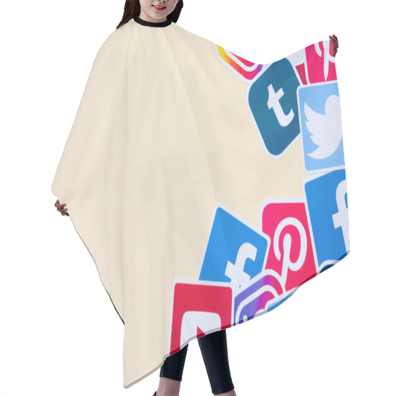 Personality  Many Social Network Printed Icons Lies In Pile On Beige Background With Copy Space. Facebook Instagram Pinterest Twitter Youtube Tumblr. Abstract Internet Background Hair Cutting Cape