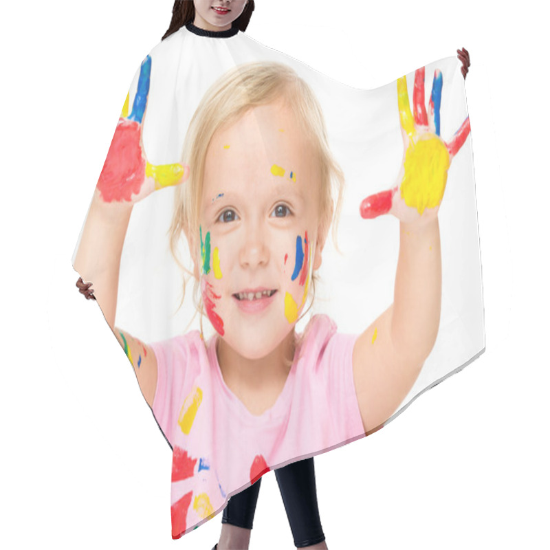 Personality  Portrait Of A Cute Little Girl Playing With Paints Hair Cutting Cape