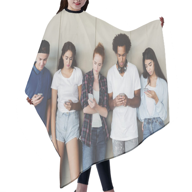 Personality  Multiethnic Teens Standing With Smartphones, Reading Messages Hair Cutting Cape