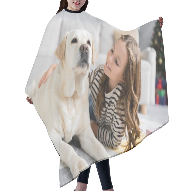 Personality  Happy Kid Hugging Labrador Near New Year Present On Floor At Home  Hair Cutting Cape