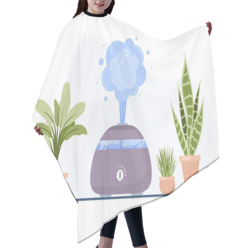 Personality  Humidifier With House Plants. Equipment For Home Or Office. Ultrasonic Air Purifier In The Interior. Cleaning And Humidifying Device. Modern Vector Illustration In Flat Cartoon Style. Hair Cutting Cape