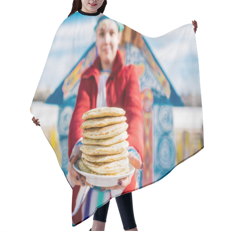 Personality  Stack Of Russian Pancakes. The Concept Of Russian Holiday Maslenitsa, Shrovetide. Selective Fokus In Pancake Hair Cutting Cape