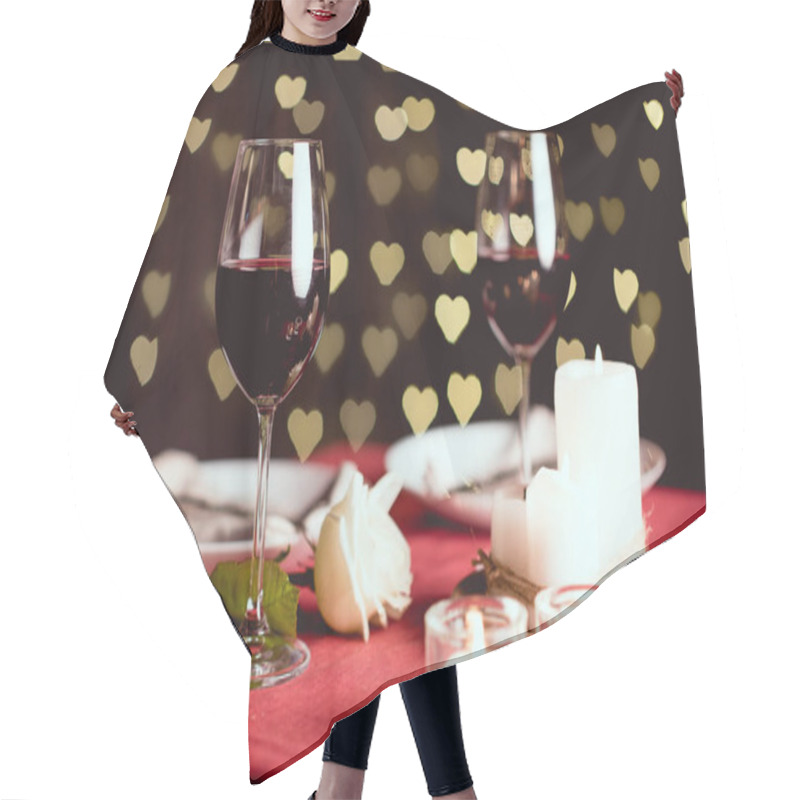 Personality  Selective Focus Of Red Wine Glasses With Heart Shaped Bokeh And Table Setting On Background Hair Cutting Cape