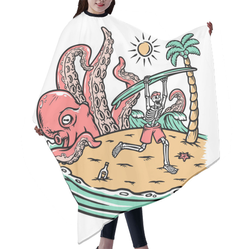 Personality  Octopus Attack Skull On Beach Illustration Hair Cutting Cape