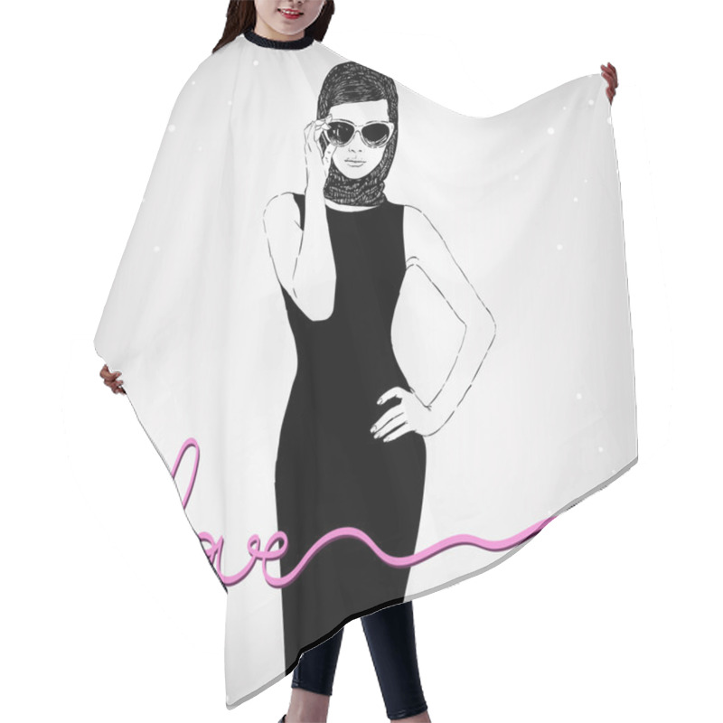 Personality  Beautiful Retro Woman, Vector. Copy Space. In Little Black Dress With A Sun Glasses. Hair Cutting Cape