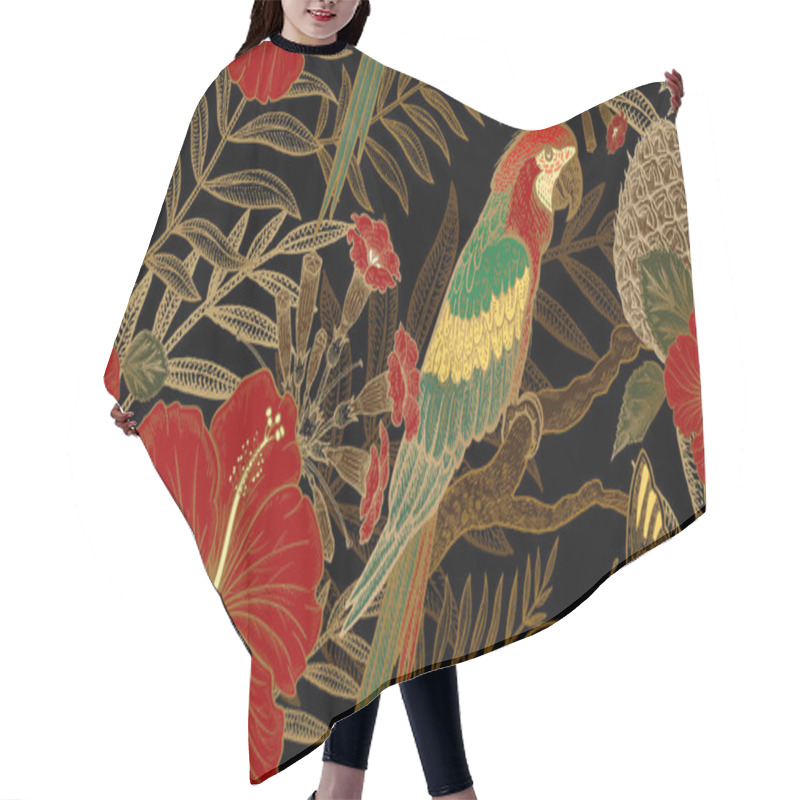 Personality  Seamless Pattern With Exotic Plants And Parrots. Hair Cutting Cape