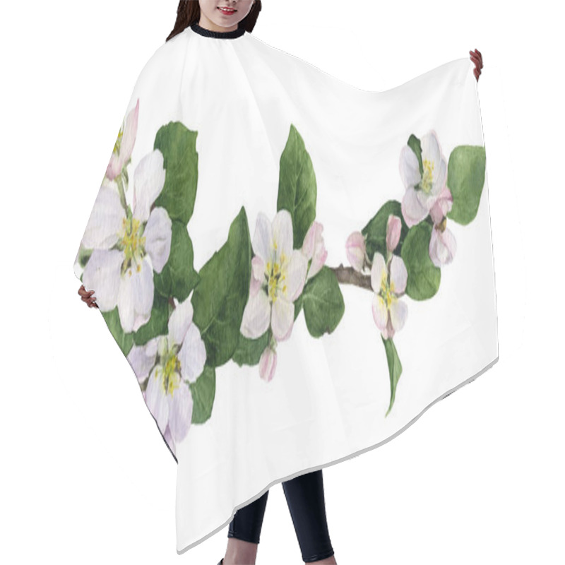 Personality  Picture Of Apple Flowers And Buds With Green Leaves Hand Painted In Watercolor Isolated On The White Background Hair Cutting Cape