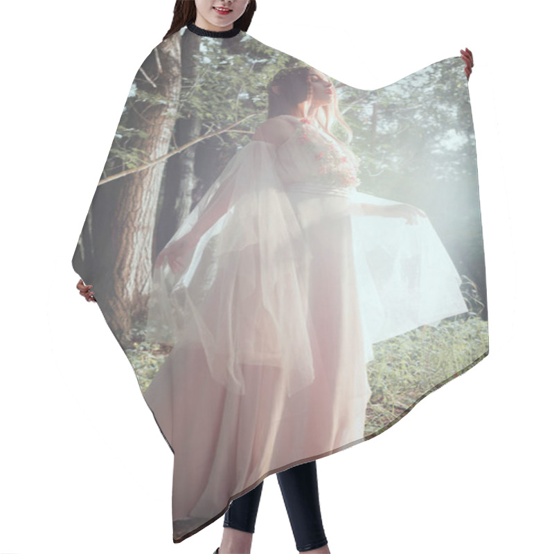 Personality  Attractive Mystic Girl In Elegant Dress Posing In Forest With Sun Flare Hair Cutting Cape