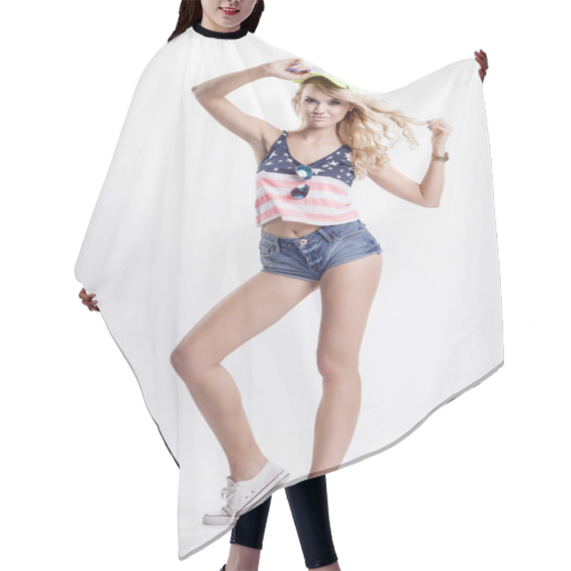 Personality  Blonde Woman Posing In American Flag Shirt Hair Cutting Cape