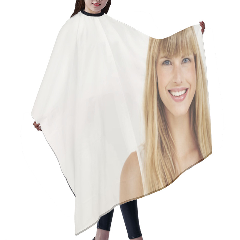 Personality  Young Woman Smiling Hair Cutting Cape