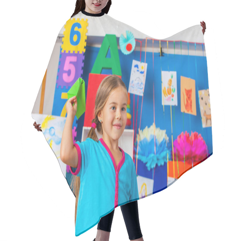 Personality  Girl Kids Holding Origami Airplane In Kindergarten . Hair Cutting Cape