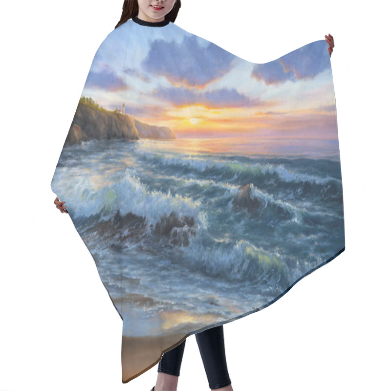 Personality  Original Oil Painting Of  Lighthouse On The Seacoast In Front Of Golden Sunset On Canvas.Modern Impressionism Hair Cutting Cape