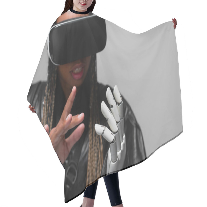 Personality  African American Woman In Vr Headset With Robotic Hand Isolated On Grey  Hair Cutting Cape