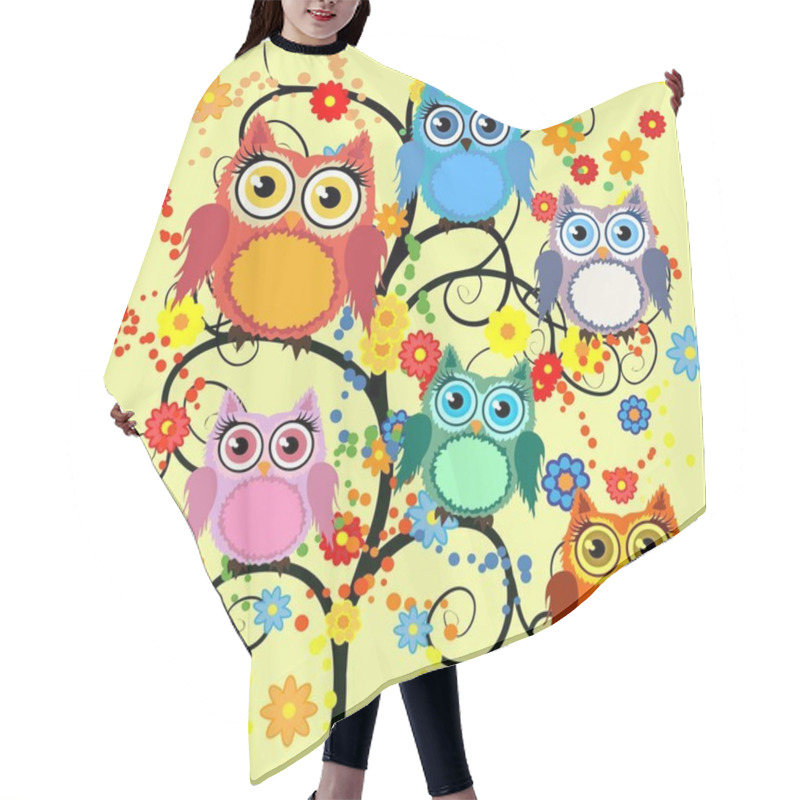 Personality  Bright Cute Cartoon Owls Sit On The Flowering Branches Of Fantastic Trees Hair Cutting Cape