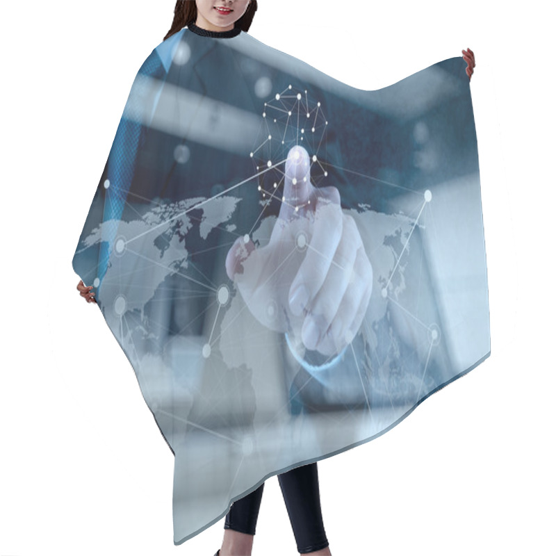 Personality  Double Exposure Of Businessman Working With New Modern Computer  Hair Cutting Cape