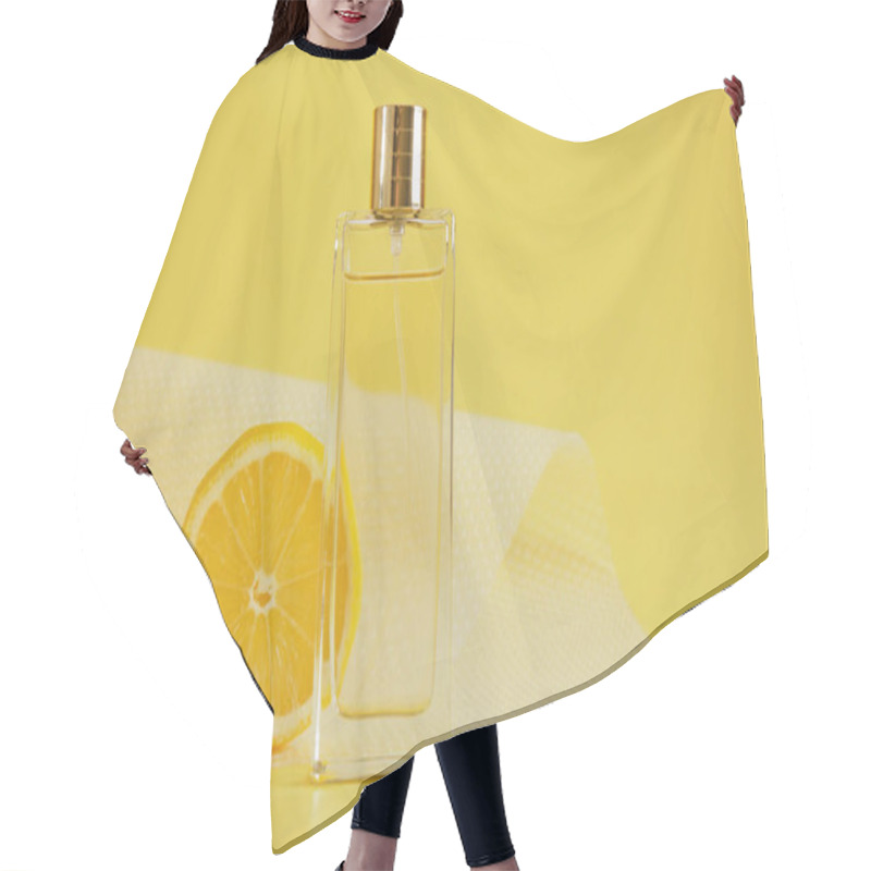 Personality  Citrus Scent, Perfume With Lemon Scent Concept, Lemon Slice And Bottle Of Perfume On Yellow Background Copy Space Hair Cutting Cape