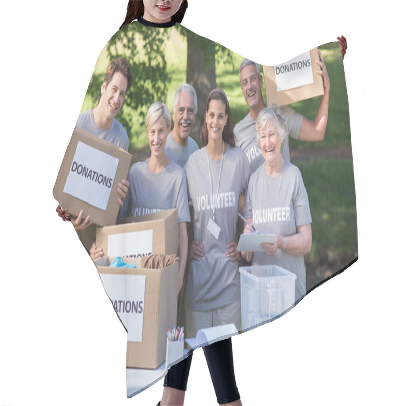 Personality  Volunteer Family Holding Donations Boxes Hair Cutting Cape