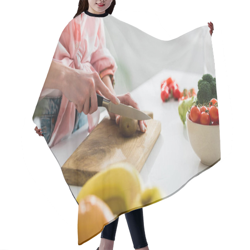 Personality  Cropped View Of Woman Cutting Kiwi Fruit Near Ingredients In Kitchen Hair Cutting Cape