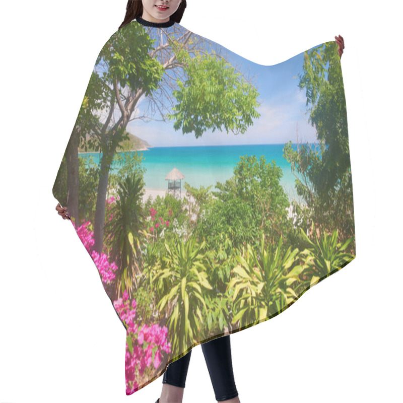 Personality  Scenic View Of The Turquoise Sea Through The Branches Of Tropical Trees And Flowers. Vietnam Hair Cutting Cape