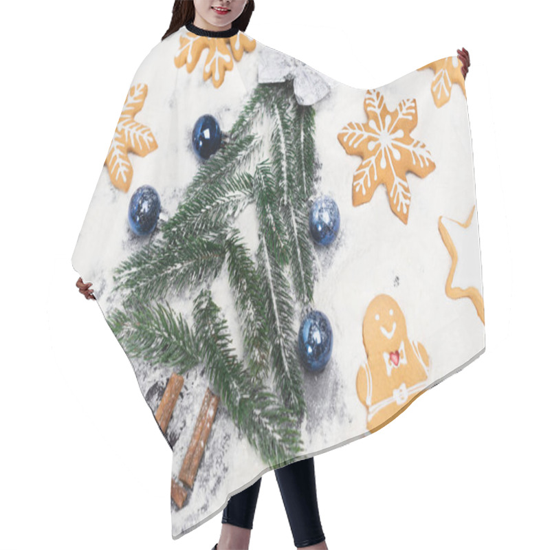 Personality  Top View Of Christmas Tree And Gingerbread Cookies On Snow Hair Cutting Cape