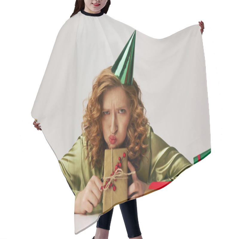 Personality  A Young Woman With Curly Hair Looks Playfully Frustrated While Posing Cheerfully For A Celebration. Hair Cutting Cape