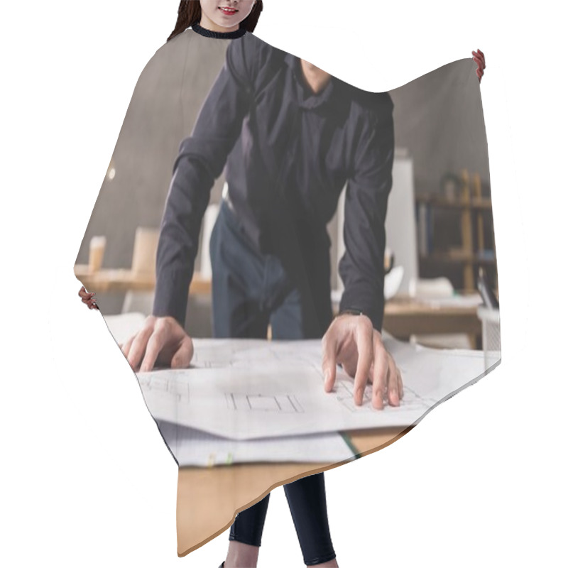 Personality  Cropped Image Of Architect Looking At Blueprints On Table Hair Cutting Cape