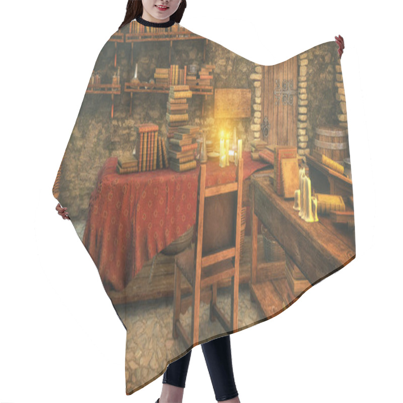 Personality  A 3D Illustration Of A Medieval Room Full Of Antique Books, A Candle-lit Table, And A Rustic Bookcase, Evoking History. Hair Cutting Cape