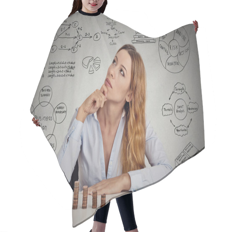 Personality  Businesswoman Calculating Risks Of New Project Implementation Hair Cutting Cape