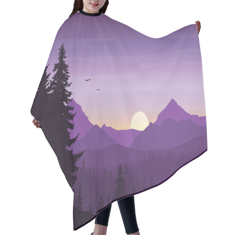 Personality  Mountain Landscape With Forest Under A Purple Morning Sky With Rising Sun, Birds And Clouds - Vector Hair Cutting Cape