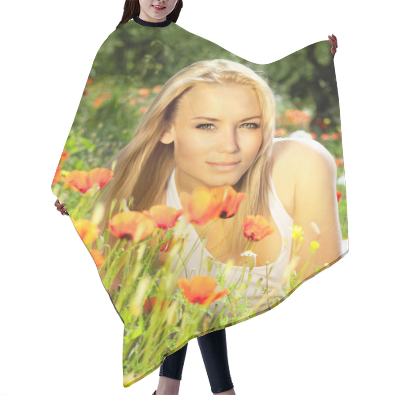 Personality  Beautiful Female Laying On The Flower Field Hair Cutting Cape