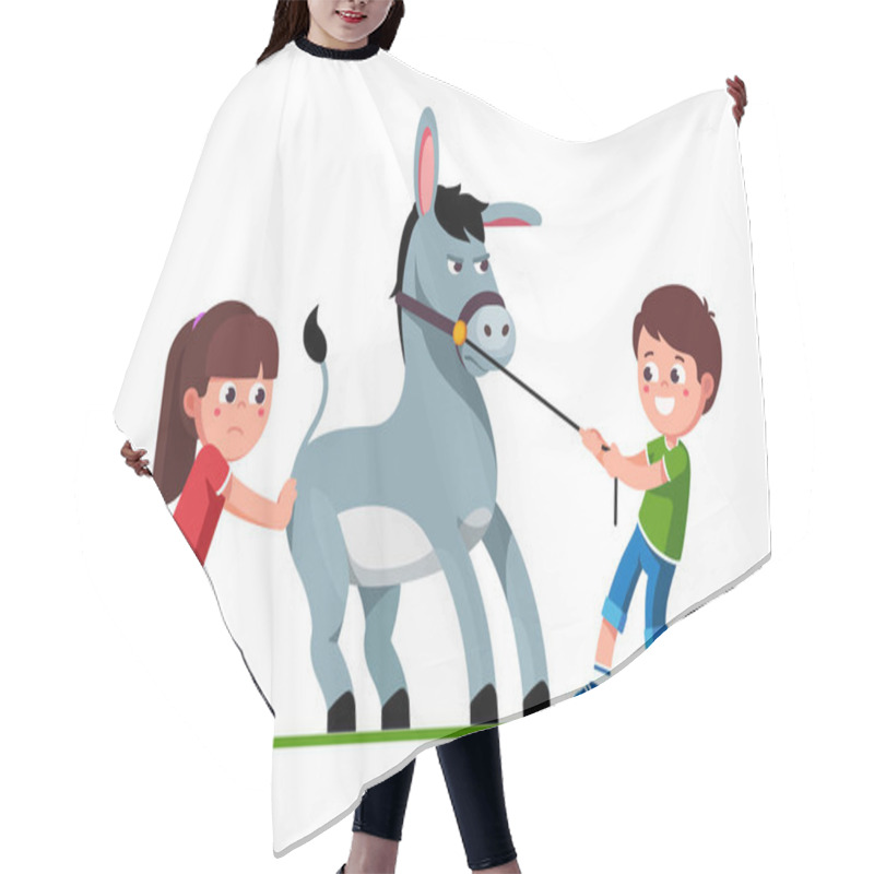 Personality  Boy Pulling Donkey On Reins And Girl Pushing It Hair Cutting Cape