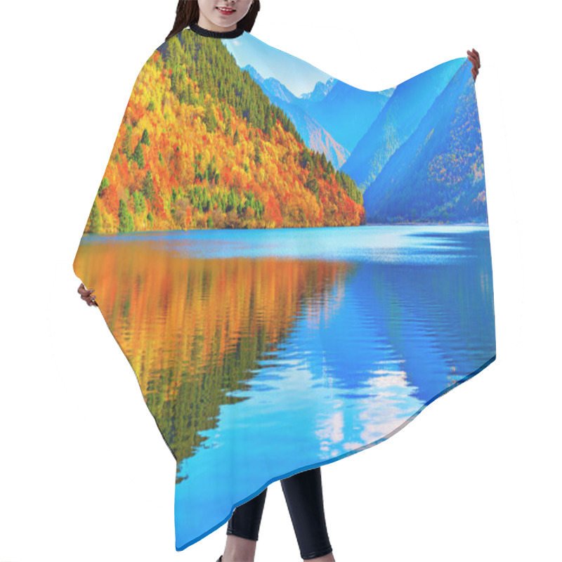 Personality  View Of Panda Lake At Autumn Sunset Time. Hair Cutting Cape