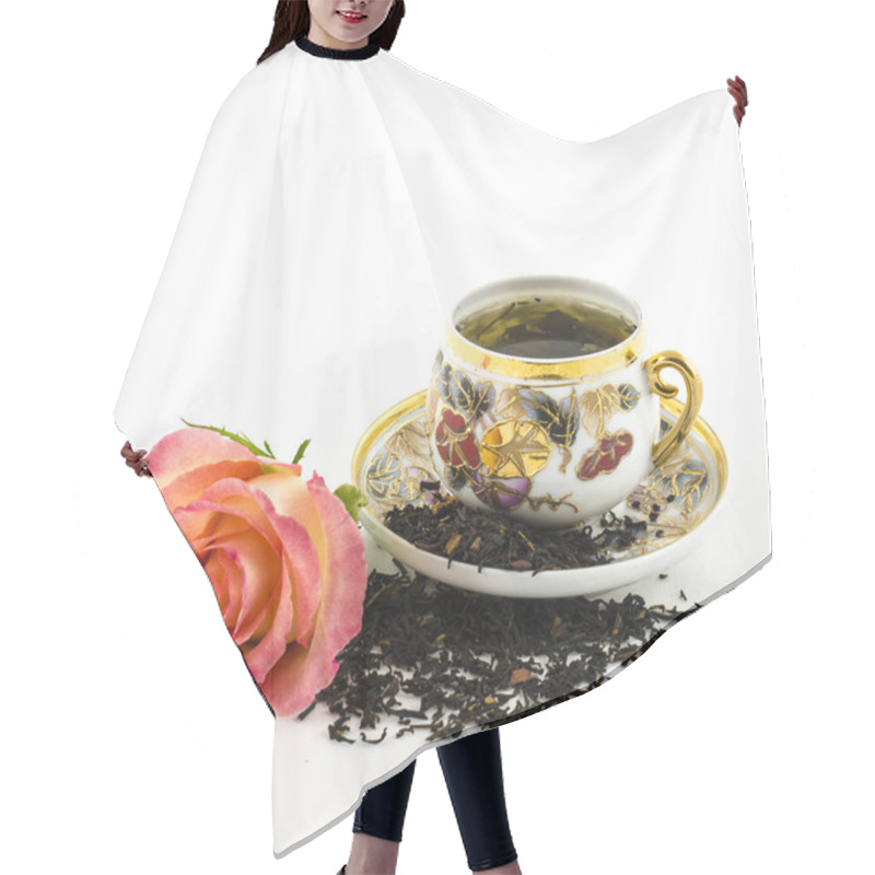 Personality  Porcelain Tea Cup With Rose Flower And Dry Tea Leaves Hair Cutting Cape