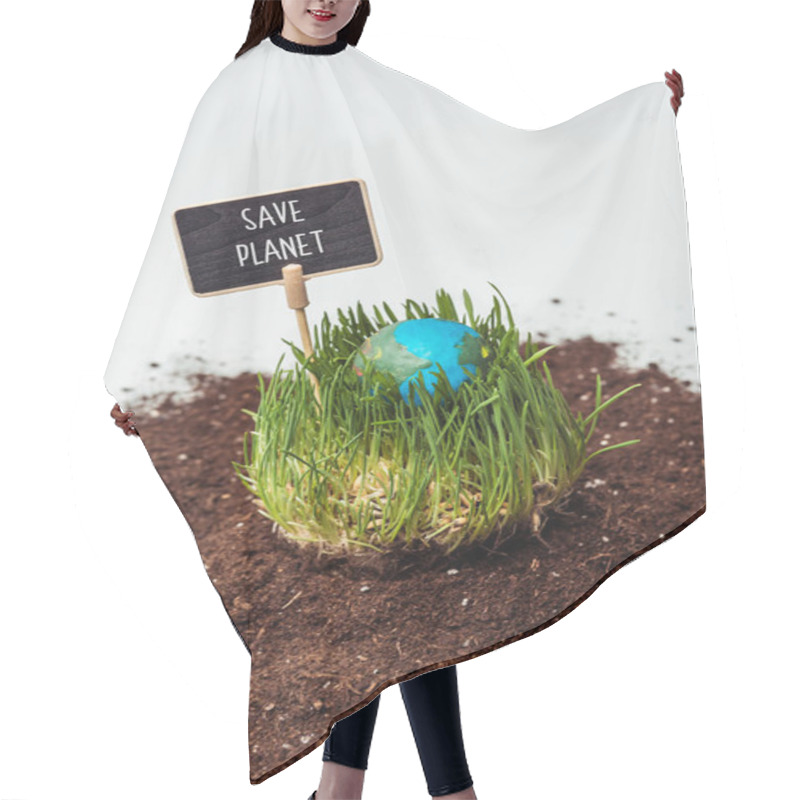 Personality  Seedling With Earth Model And Sign Save Planet On Soil Isolated On White, Earth Day Concept Hair Cutting Cape