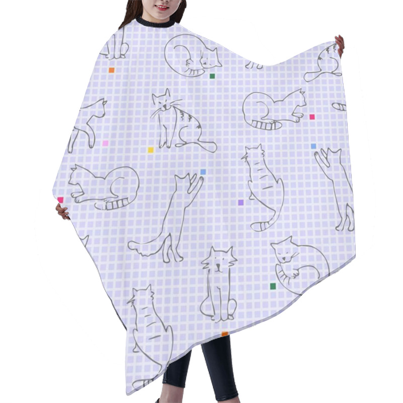 Personality  Playing Cats Drawing On Paper In Line Squares In Gray, Yellow, Blue, Pink And Red Colors A Seamless Pattern On A Light Blue Background Hair Cutting Cape