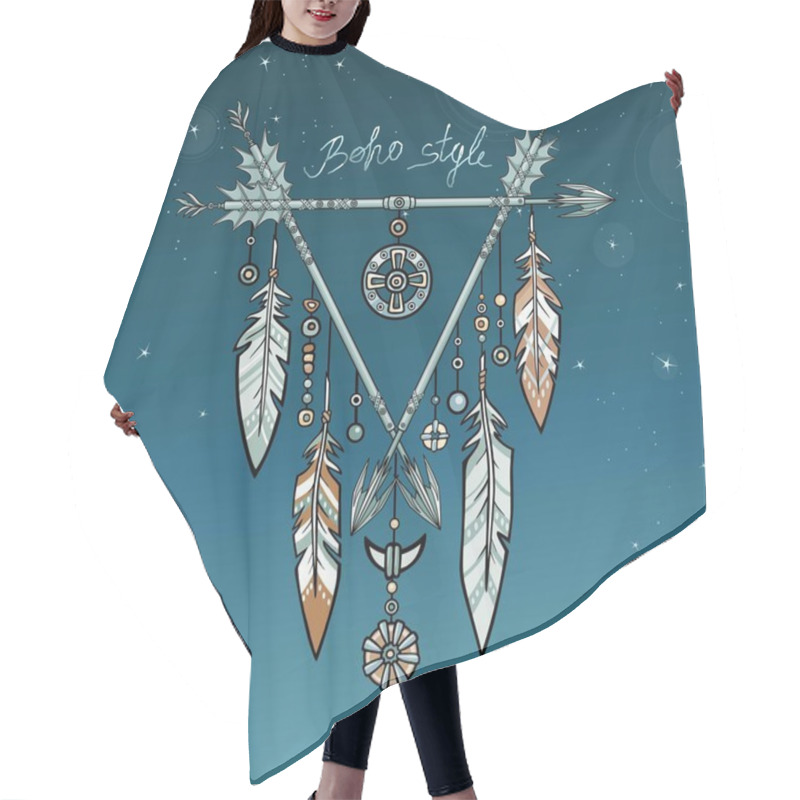 Personality  Decorative Triangle From Arrows. Jewelry Feathers And Beads, Ethnic Amulets. American Indians Traditional Symbol. Boho Design. Background - The Night Sky. Vector Illustration. Hair Cutting Cape