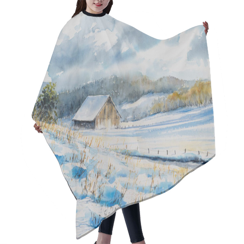 Personality  An Old Abandoned Barn House Has Been Covered With Snow On The Fields.Picture Created With Watercolors. Hair Cutting Cape