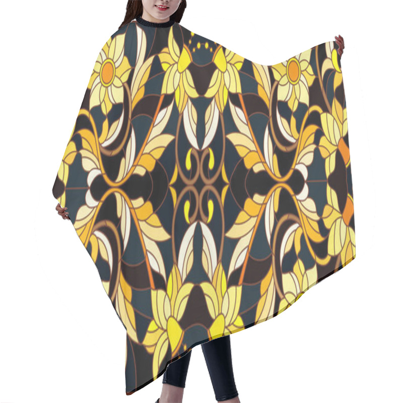 Personality  Illustration In Stained Glass Style With Floral Ornament ,imitation Gold On Dark Background With Swirls And Floral Motifs Hair Cutting Cape