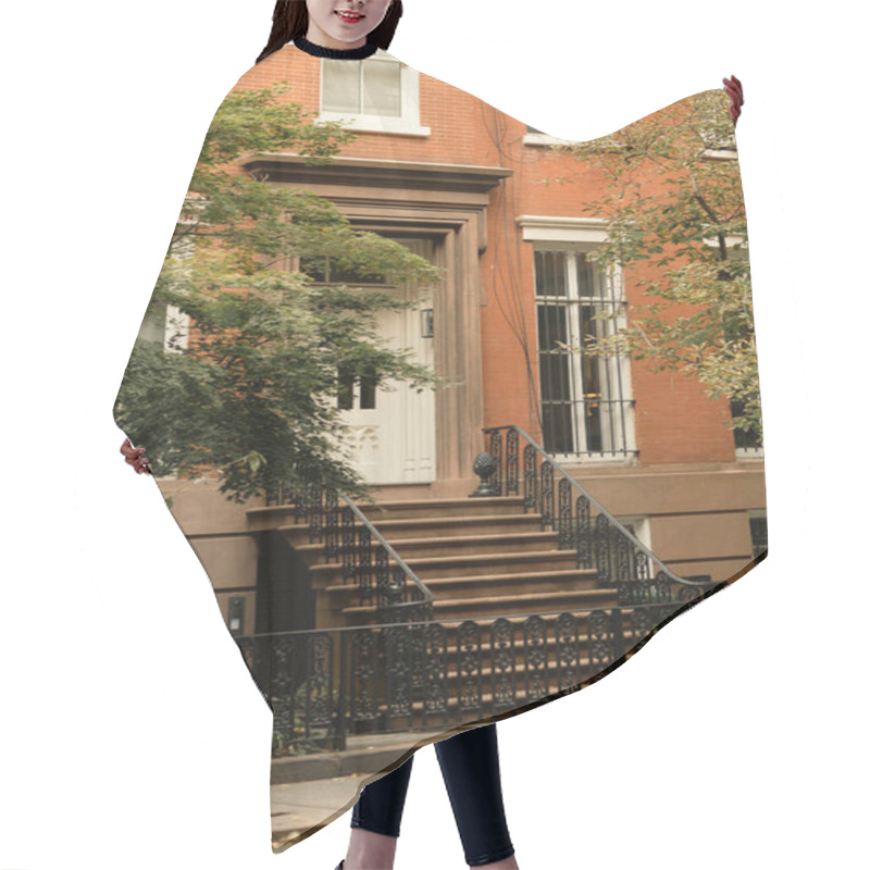 Personality  Brick House With White Windows And Entrance With Stairs Near Autumn Trees On Street In New York City Hair Cutting Cape