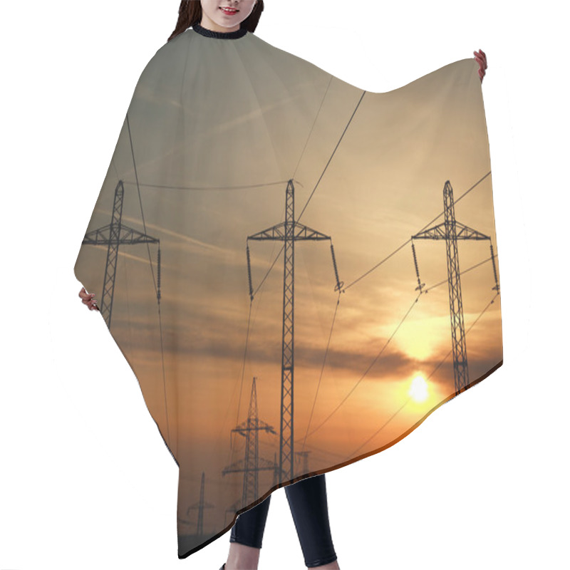 Personality  High Power Electric Line Towers At Dramatic Sunset Background Hair Cutting Cape