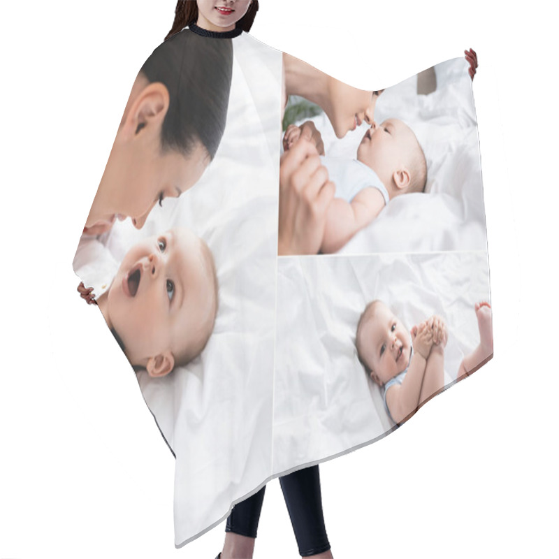 Personality  Collage Of Woman Looking At Cute Infant Son In Bedroom  Hair Cutting Cape