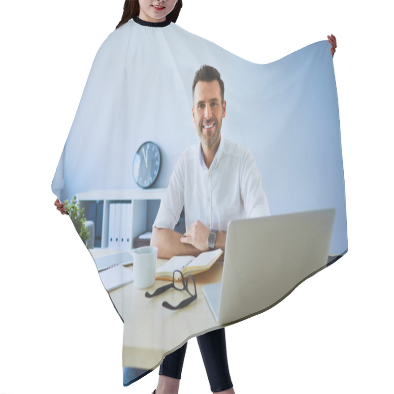 Personality  Happy Man Running Small Business  Hair Cutting Cape