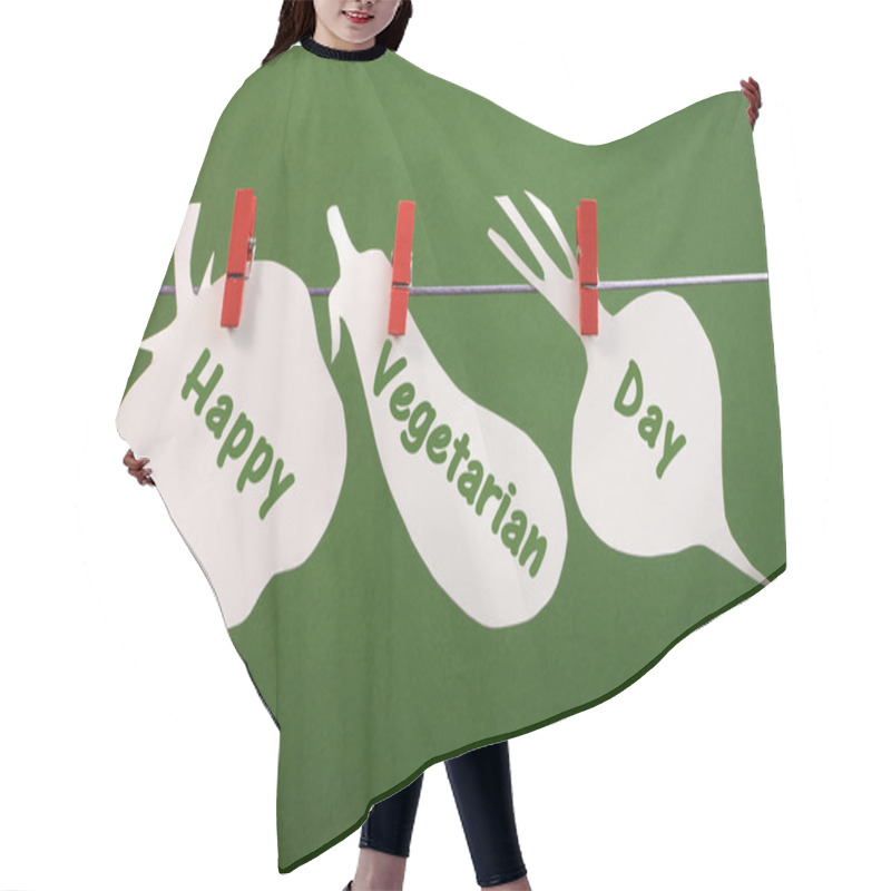 Personality  Happy Vegetarian Day Message Greeting Written Across Vegetable Cards Hanging From Pegs On A Line Hair Cutting Cape