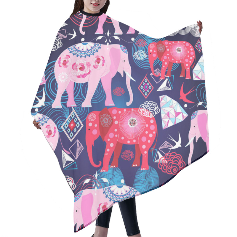 Personality  Seamless Bright Print With Decorative Elephants And Geometry. Hair Cutting Cape