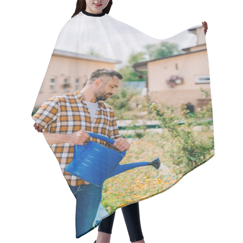 Personality  Handsome Middle Aged Farmer In Checkered Shirt Watering Flowers In Garden  Hair Cutting Cape