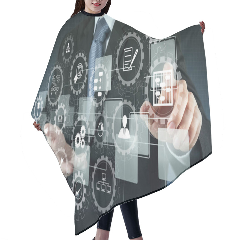 Personality  AR Virtual Screen Dashboard With Project Management With Icons Of Scheduling, Budgeting, Communication.businessman Shows Modern Technology As Concept Hair Cutting Cape