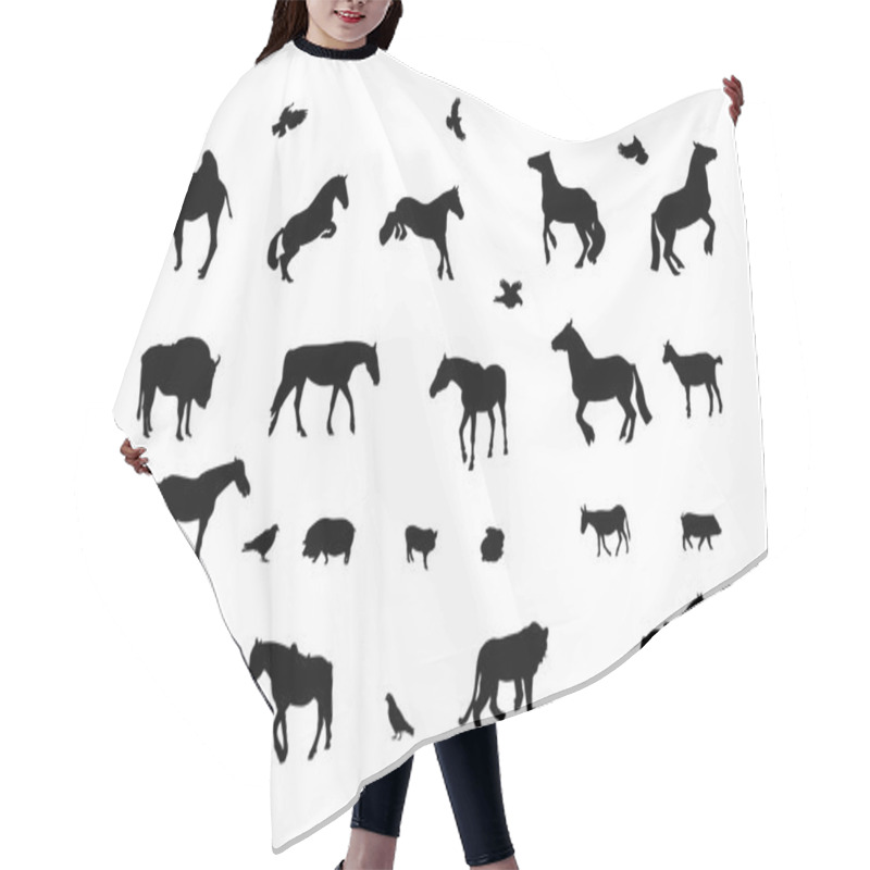 Personality  Silhouette Of Wild And Domestic Animals, Bird. Black & White. Hair Cutting Cape